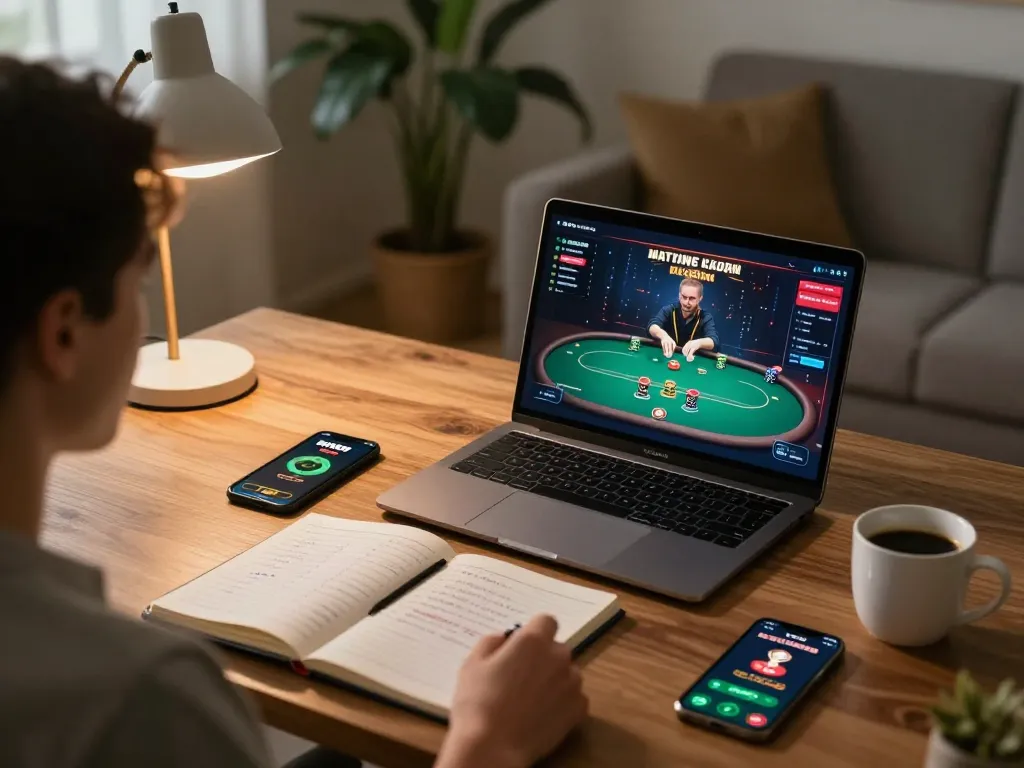 OK9 poker player analyzing strategies on laptop, showcasing a responsible gaming environment.