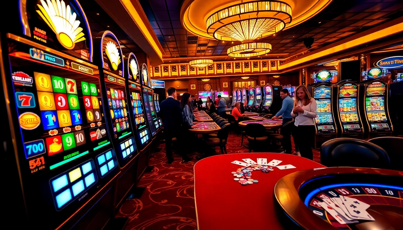 Engaging with idnslot games in a vibrant casino atmosphere featuring colorful slot machines.