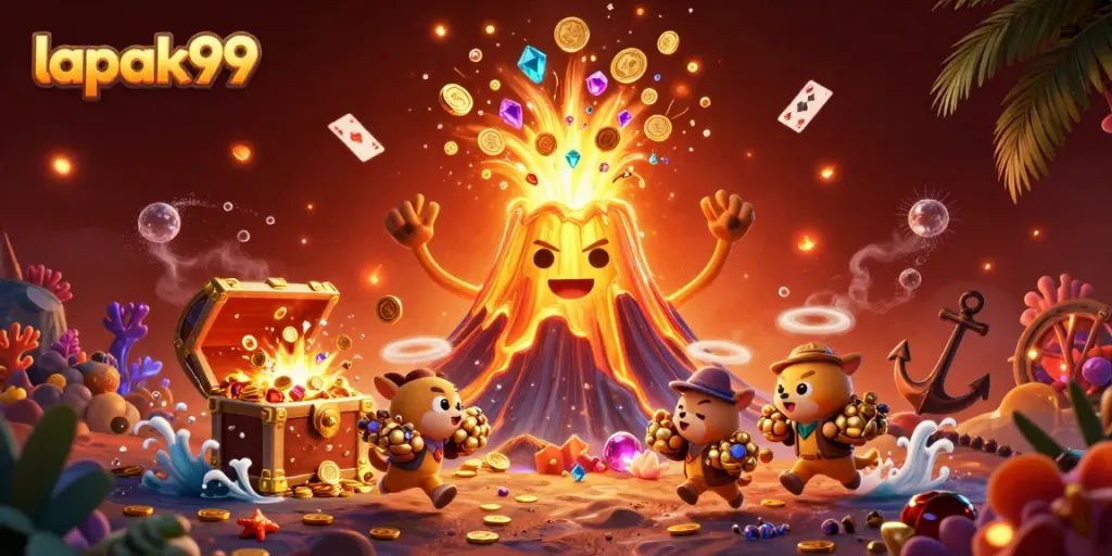 Engage with lapak99's thrilling volcanic treasure eruption featuring animated treasure and gambling elements.