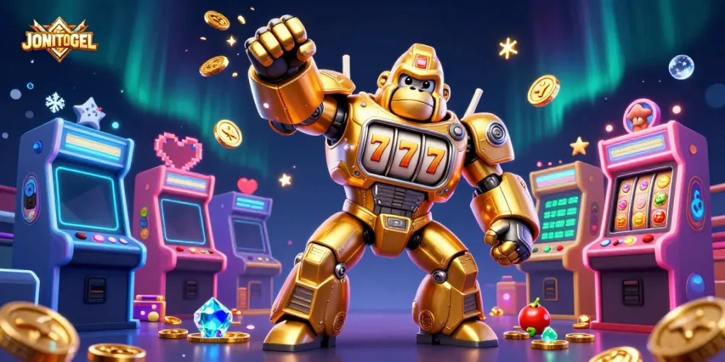 Experience top slot gaming at JONITOGEL with a vibrant 3D casino illustration featuring engaging elements and characters.