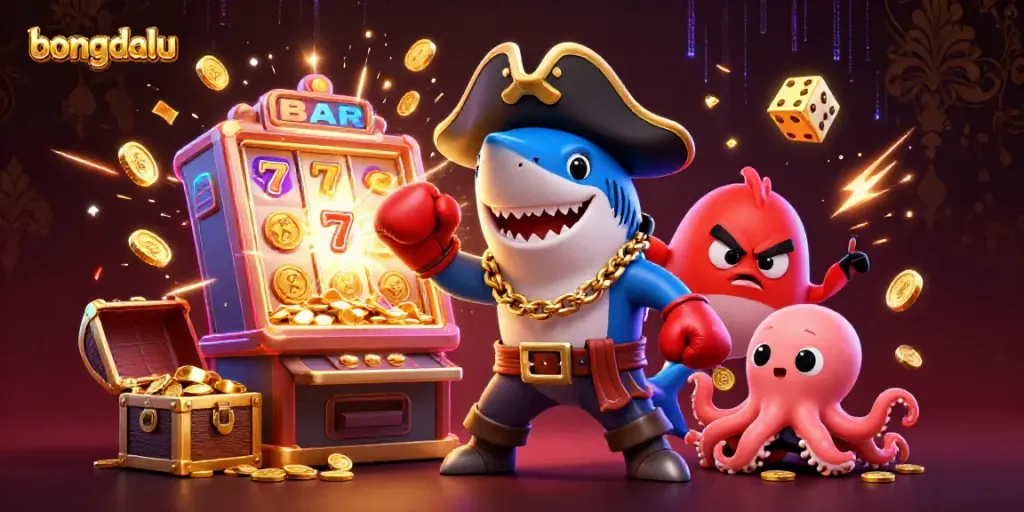 Bongdalu players enjoy a thrilling 3D cartoon scene with a pirate shark, pufferfish, and octopus in a lively casino.