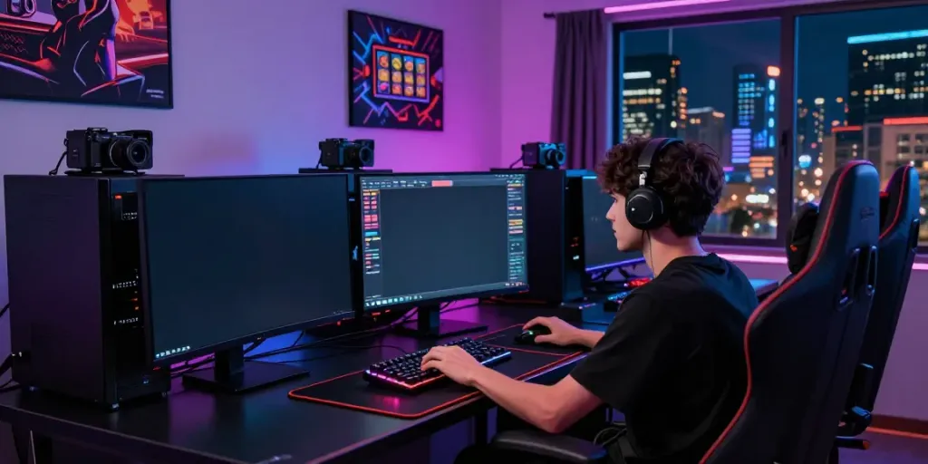 Engaged gamer at a high-tech slot gacor setup with colorful screens and gaming accessories.