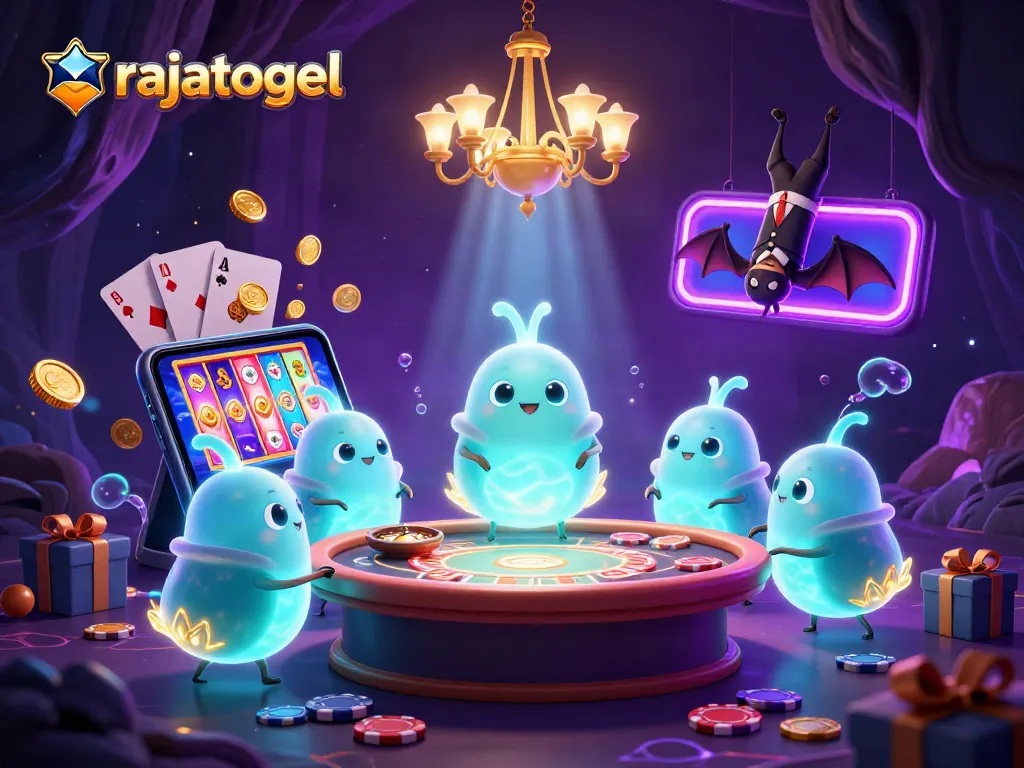 Experience the thrill of rajatogel with glowing glowworms lighting a cave casino, showcasing vibrant gambling action.