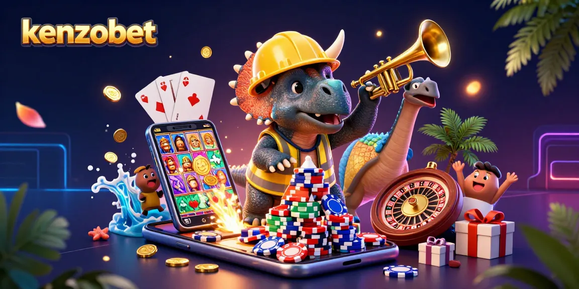 Menyambut kemenangkan strategis bermain di kenzobet dengan ilustrasi triceratops dan elemen kasino.