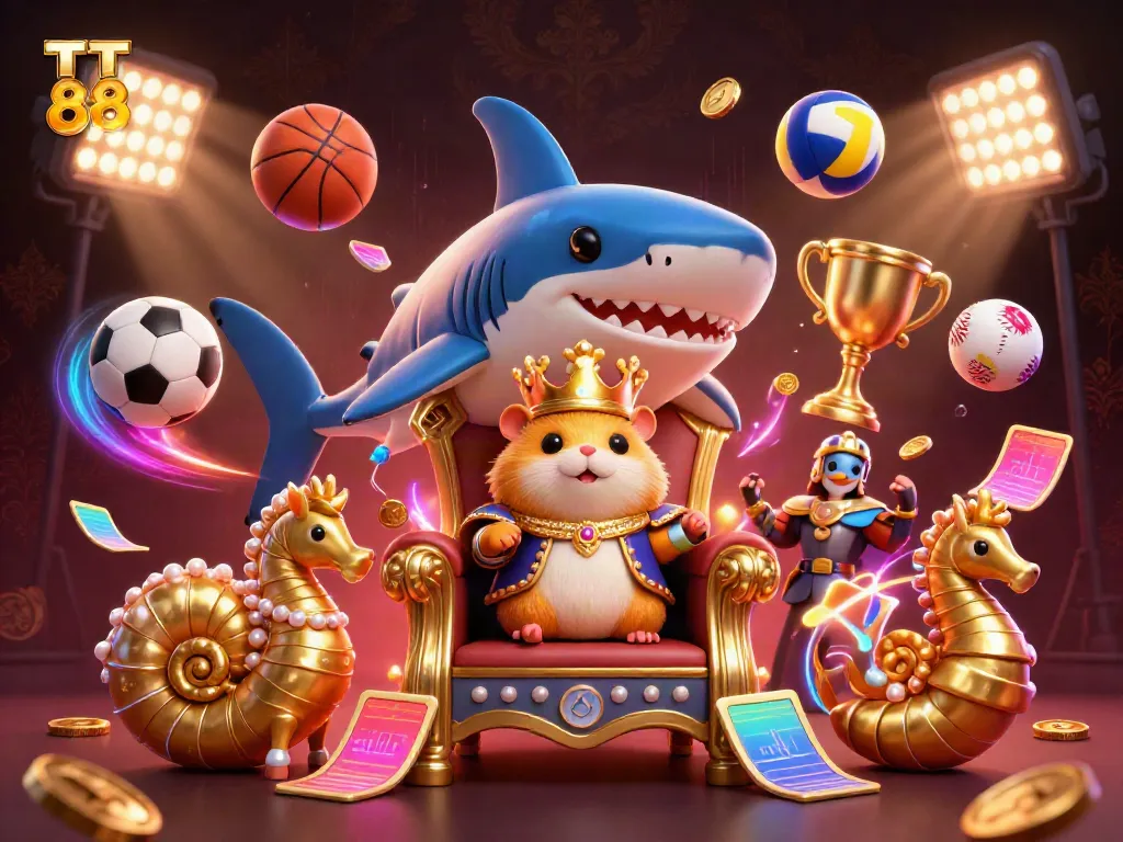 Engage with TT 88's golden hamster king in a vivid 3D casino scene filled with lively sports elements.
