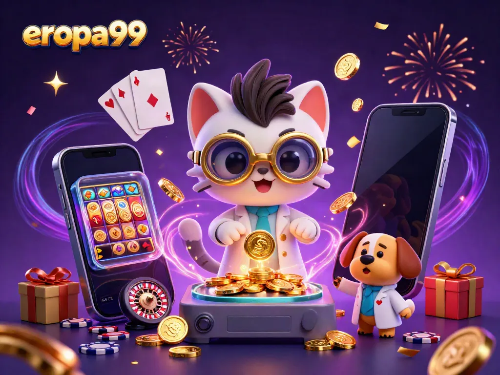 Pemain menang besar di eropa99 dengan mesin slot penuh warna dan koin emas melayang