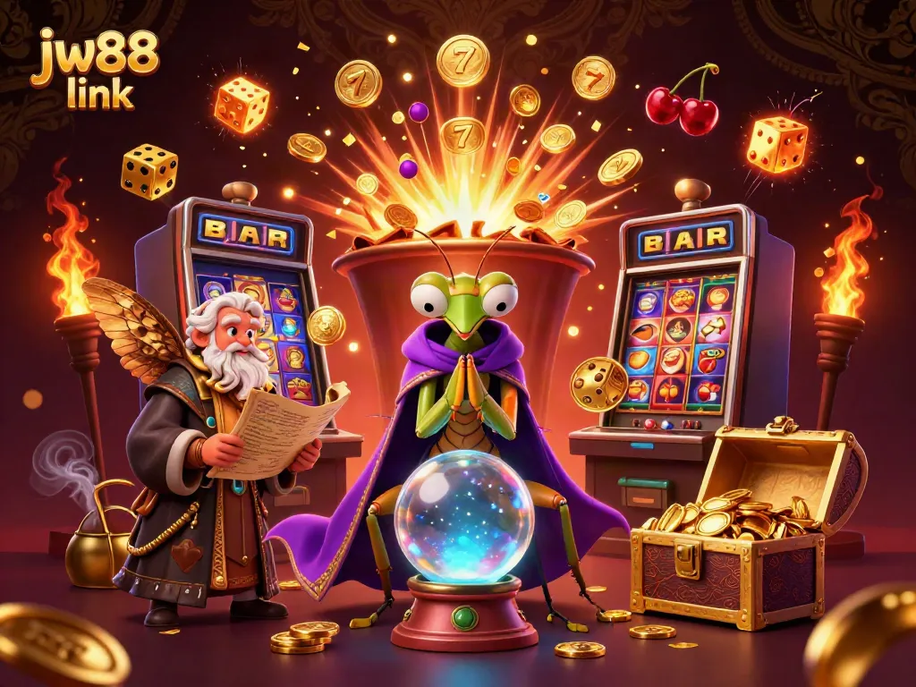 Engage with the jw88 link as slot machines explode with coins and colorful symbols, a mystical scene.