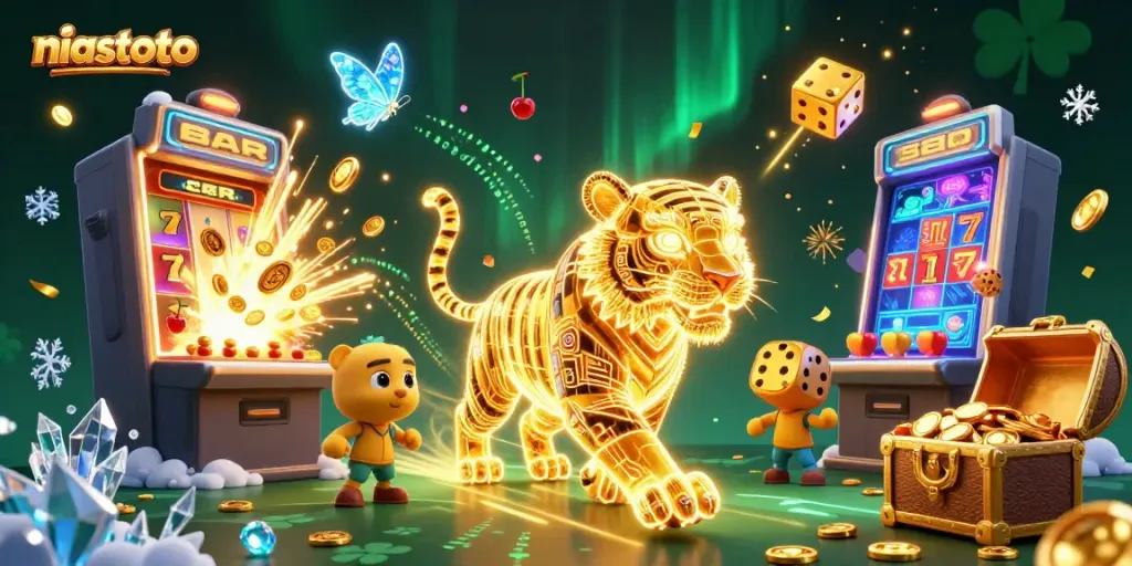 Permainan niastoto dengan harimau emas neon dan simbol keberuntungan dalam kasino digital.