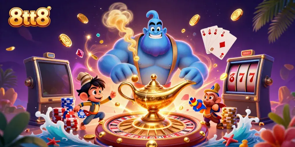 Experience exciting spins and wins with 8tt8 in this dynamic casino-themed scene filled with vibrant characters and elements.