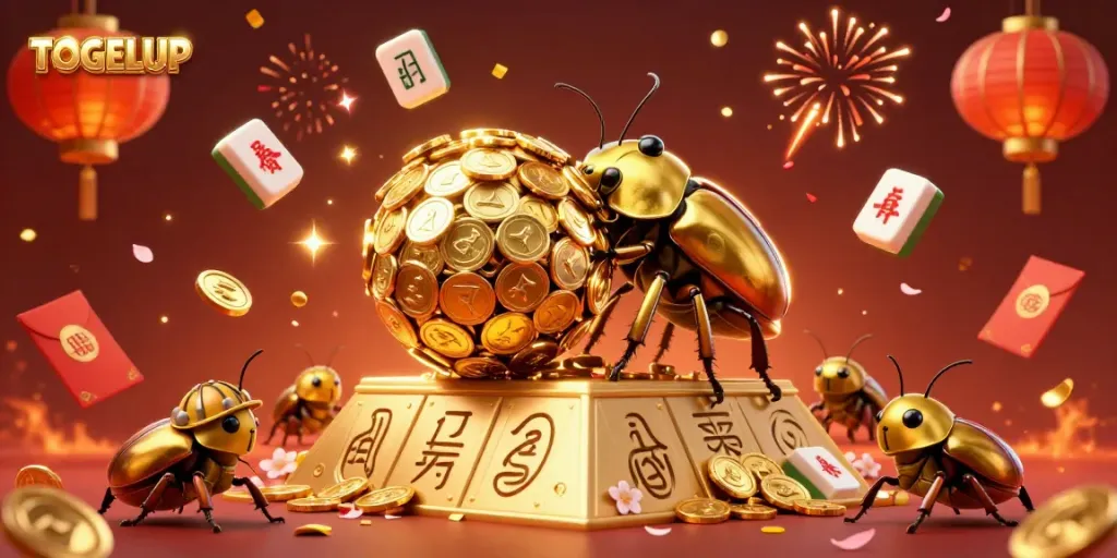 Engage with TOGELUP in a vibrant 3D scene featuring a golden dung beetle rolling coins, depicting the thrill of online lottery.