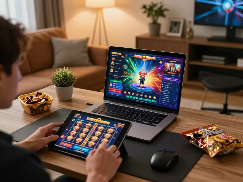 Player enjoying online games like VIC88, engaging with diverse digital slot options in a cozy setting