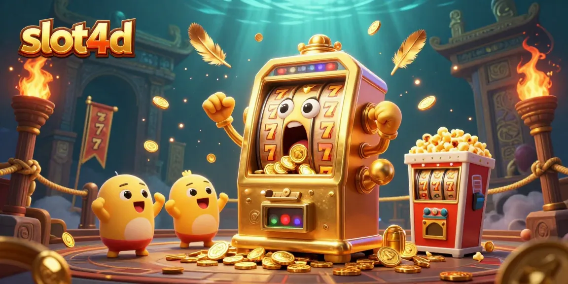 Menangkan jackpot slot4d dengan mesin slot emas karikatur dan karakter penuh semangat.