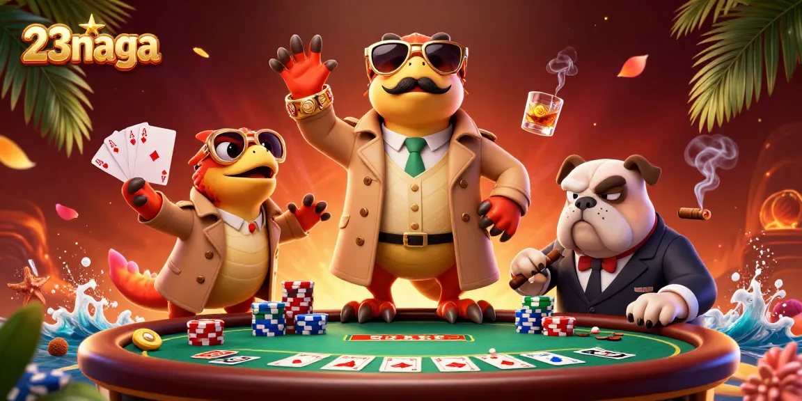 23naga menghadirkan suasana poker yang seru dengan tiga raptor dalam jas, siap bertaruh.