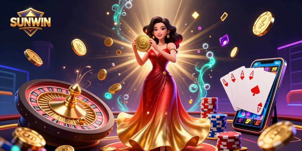 SUNWIN showcases vibrant casino excitement with a stunning Asian character amid golden coins and gems.