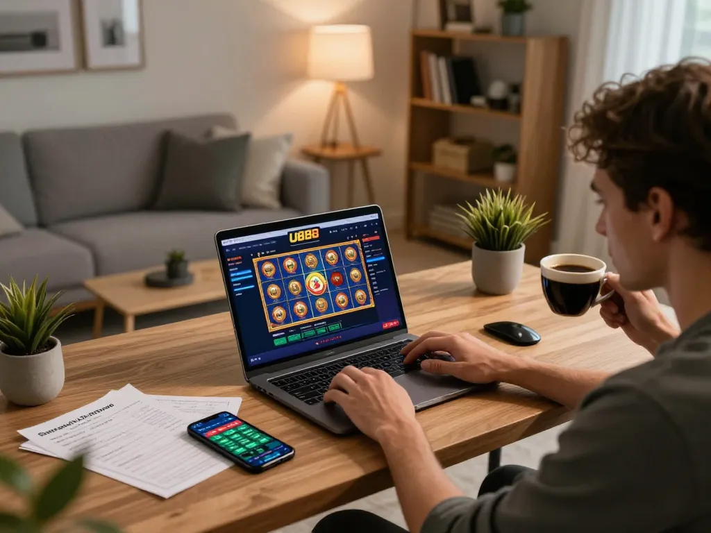 Player strategizing at U888 online casino on laptop in cozy home office setting
