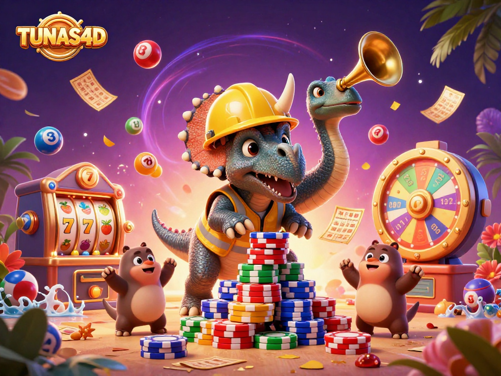 TUNAS4D showcases a vibrant 3D scene of a triceratops building poker chip pyramids in a dynamic casino-themed celebration.