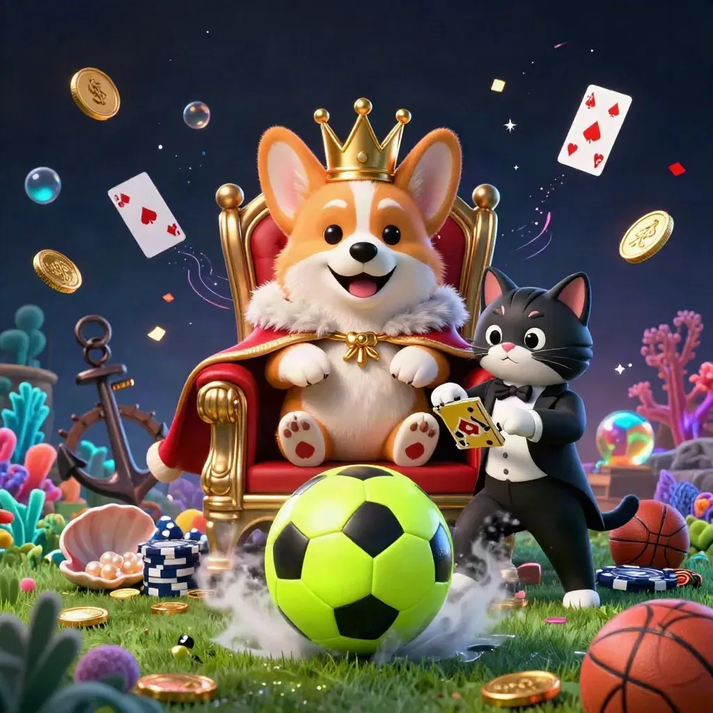 Kartu kasino mewah dengan corgi mahkota, kucing butler, bola sepak, koin, dan cahaya neon.