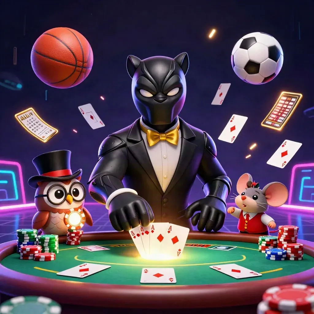 Panther tuksedo, burung hantu, dan tikus di meja kasino neon dengan bola basket dan bola sepak.