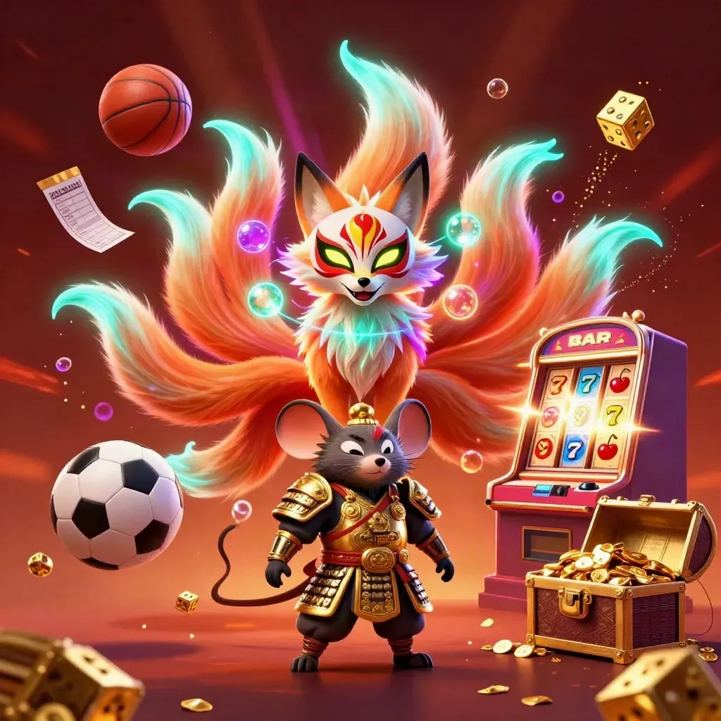 Rubah roh sembilan ekor dan tikus samurai emas di antara bola, dadu, slot, dan cahaya neon.