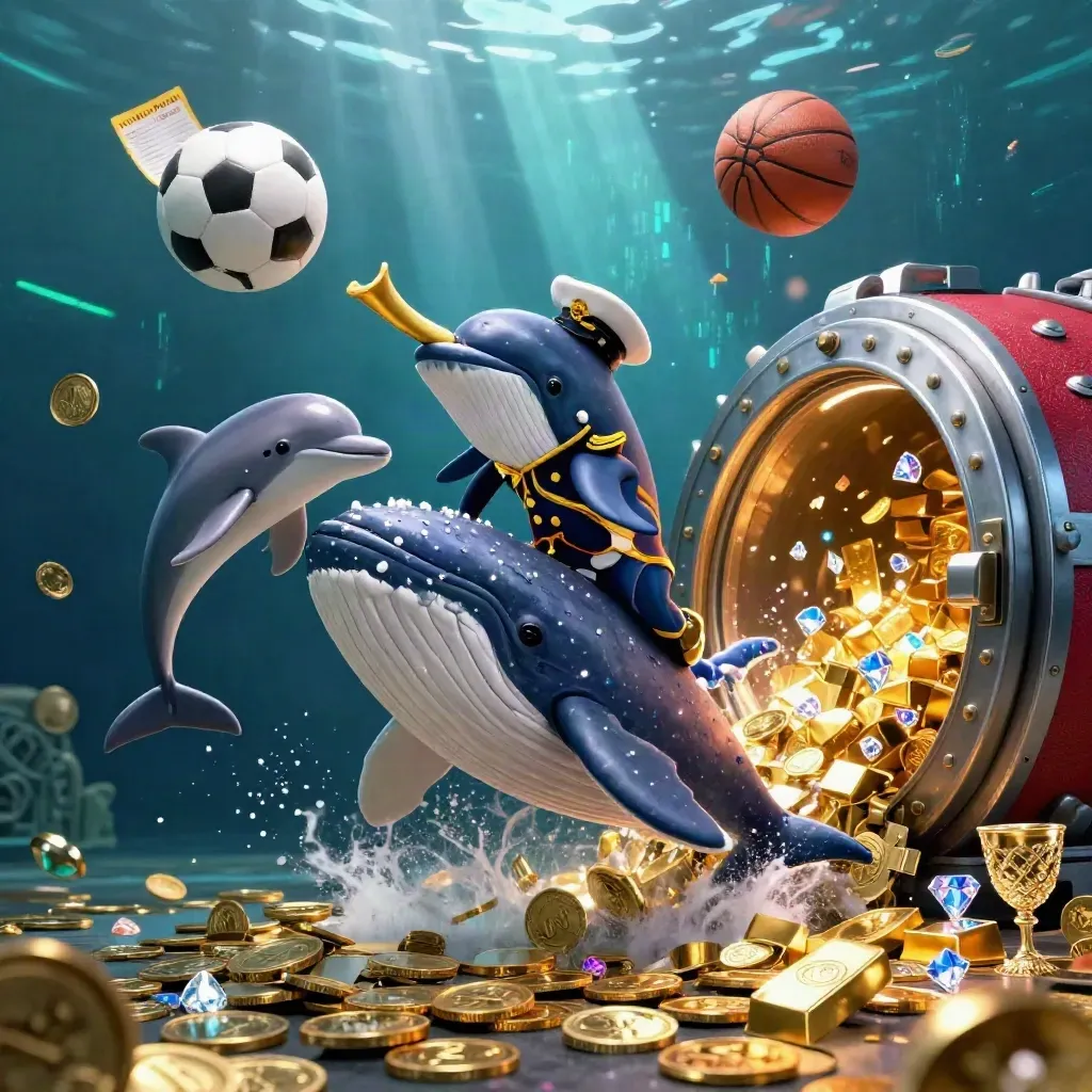 Paus kapten, narwhal, dan lumba-lumba melompat di lautan koin dengan bola dan peti emas.