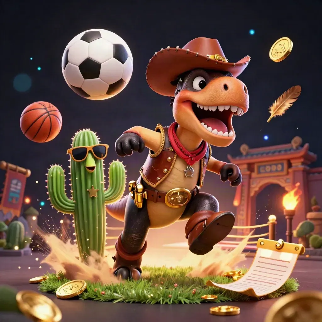 Dinosaurus koboi, roadrunner, dan kaktus di ledakan emas kasino.