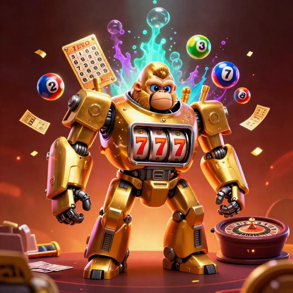 Gorila mech emas di kasino mewah dengan bola lotre, roda hadiah, dan cahaya neon.