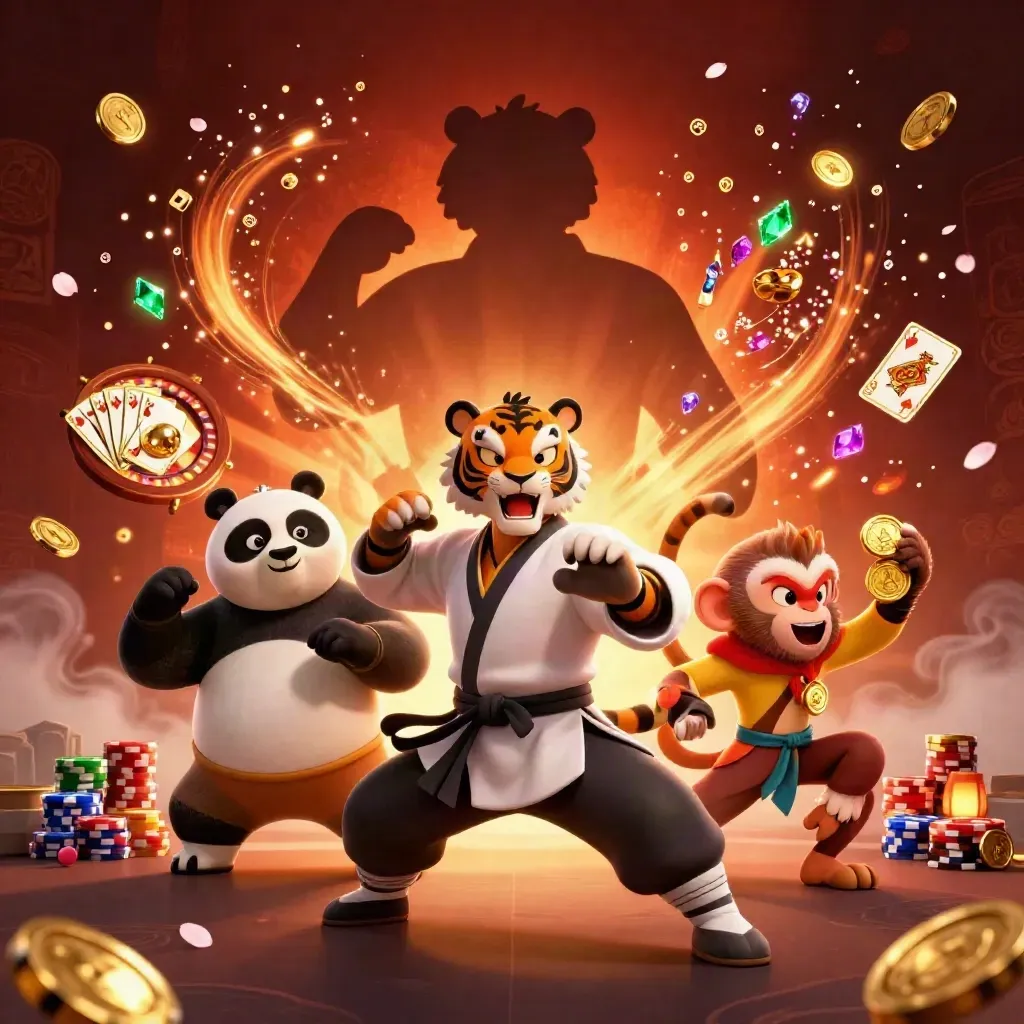 Harimau kung-fu, panda, dan monyet di tengah ledakan koin, permata, dan cahaya hijau neon.