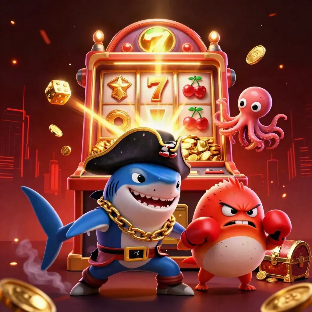 Hiu bajak laut, buntal merah, dan gurita bayi dikelilingi slot emas dan koin.