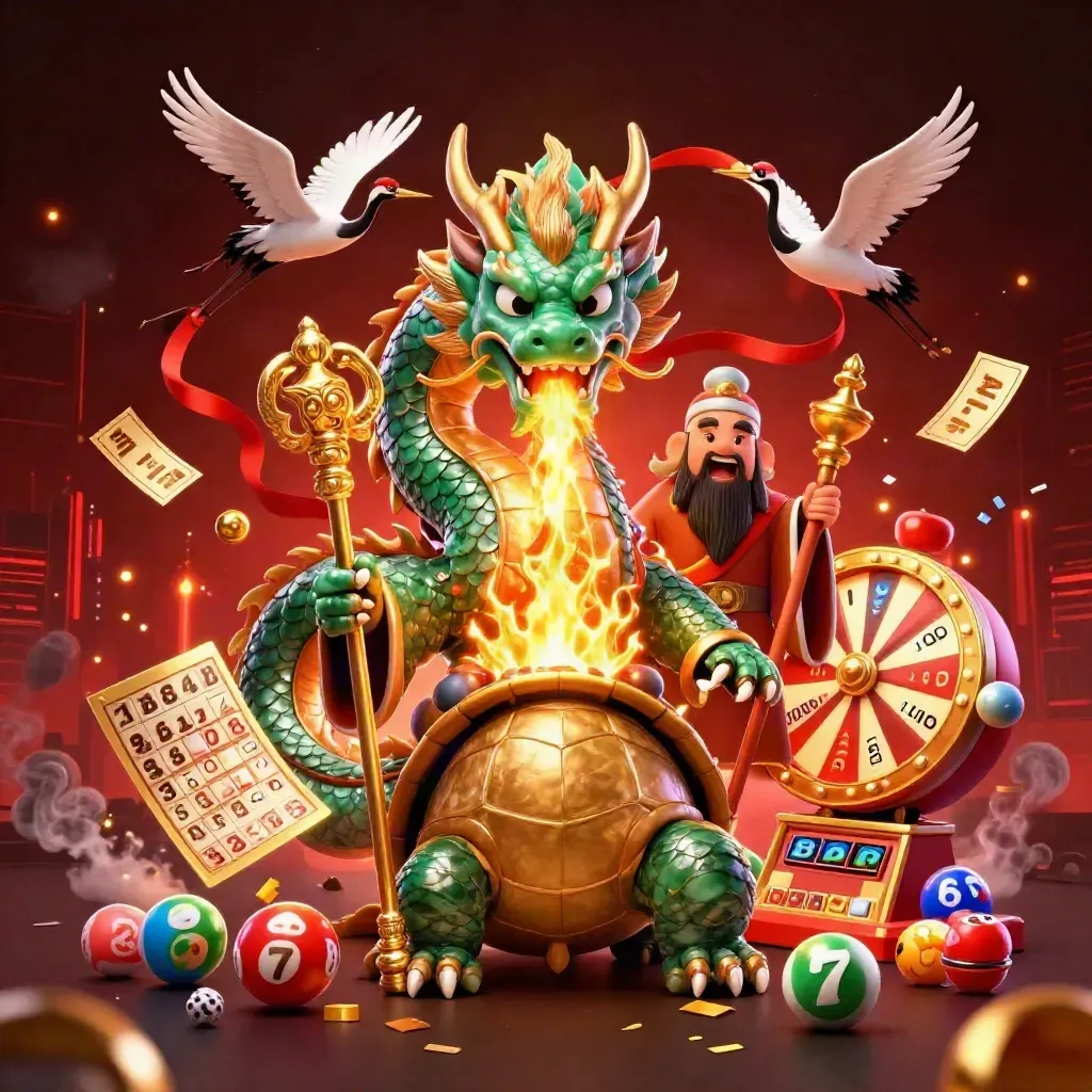 Naga jade, kura bijak, dan bangau merah dikepung koin, permata, dan cahaya kasino mewah.