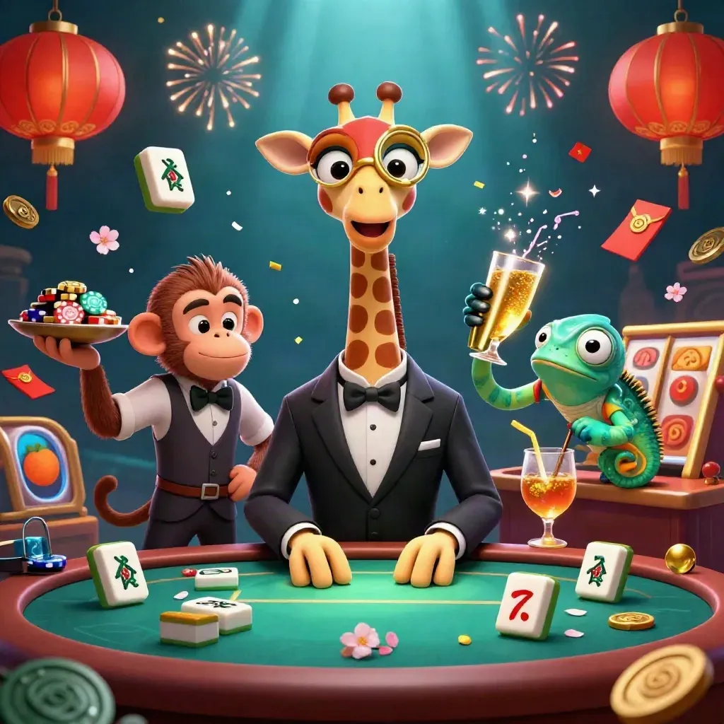 Tiga maskot kasino di meja poker, emas dan neon hijau meledak di latar laut gelap.