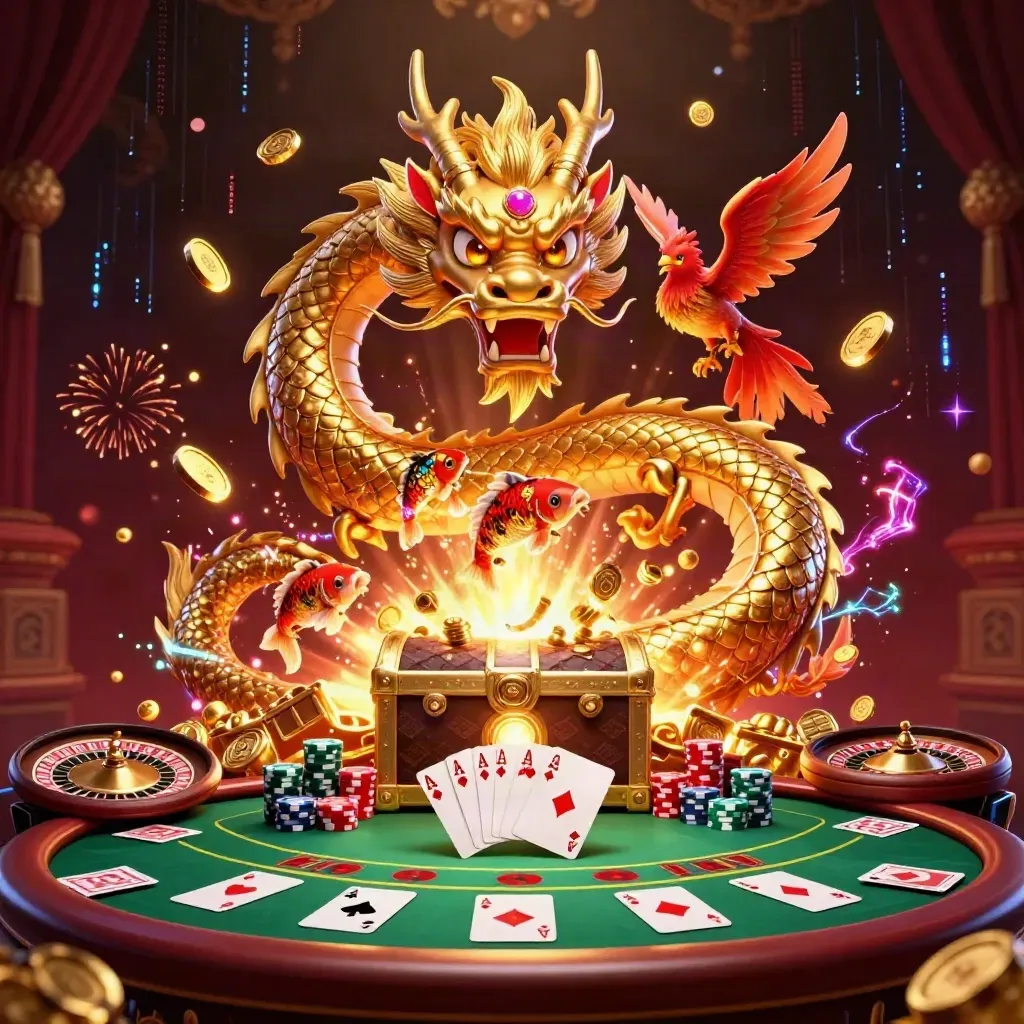 Naga emas 3D melingkar di peti harta, phoenix, koi, kartu dan chip kasino meledak meriah.