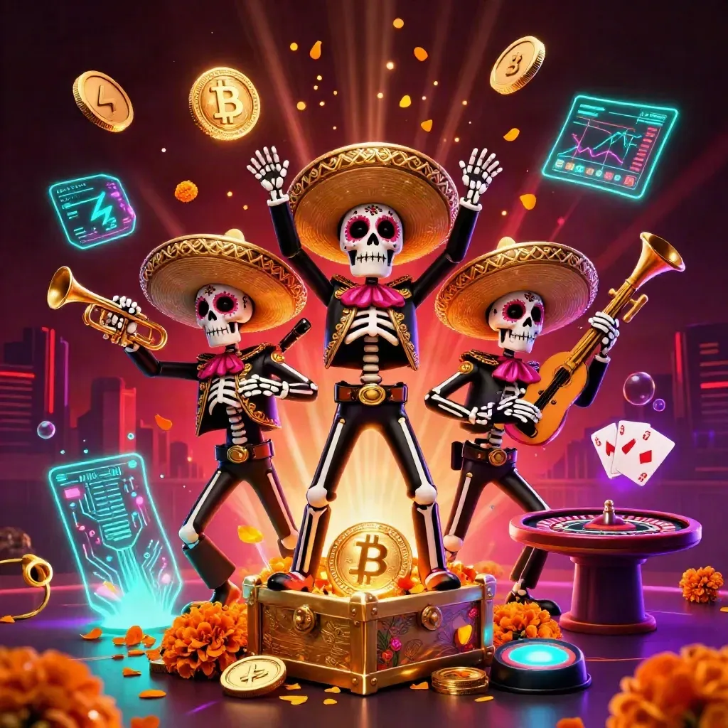 Kerangka mariachi, koin emas, roda roulette, dan cahaya neon mewah