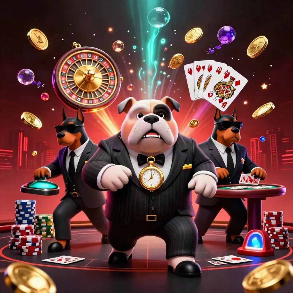 Bulldog bos mafia dan dua doberman di tengah ledakan koin, kartu, dan cahaya kasino mewah.
