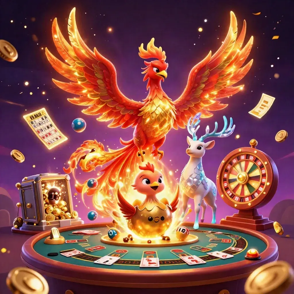 Phoenix, rusa kristal, dan bayi phoenix di ledakan koin emas, bola lotre, dan kembang api.