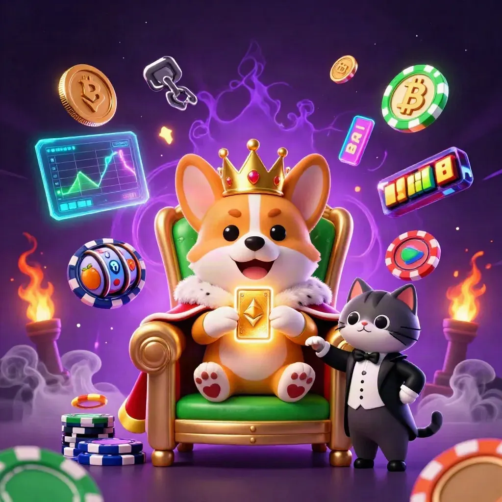Korgi raja dan butler kucing di atas takhta chip, dikelilingi koin crypto, kilat, dan slot neon.