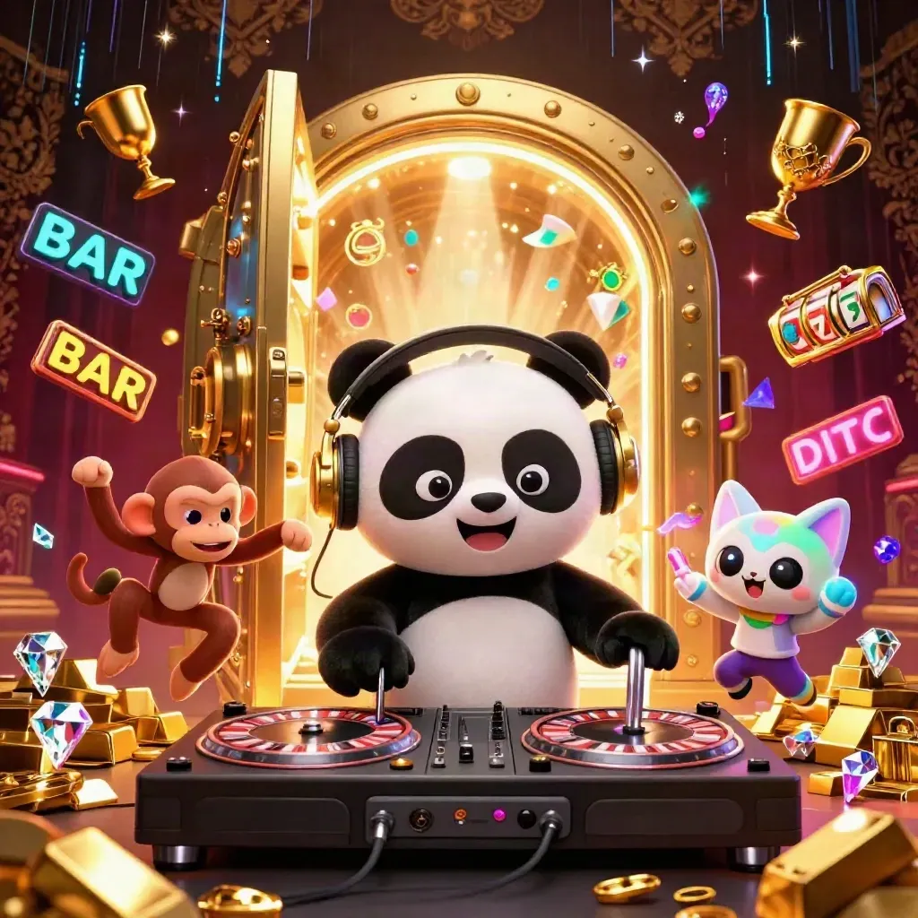 Panda DJ emas, monyet menari, dan kucing rave dikelilingi emas dan peti cahaya.