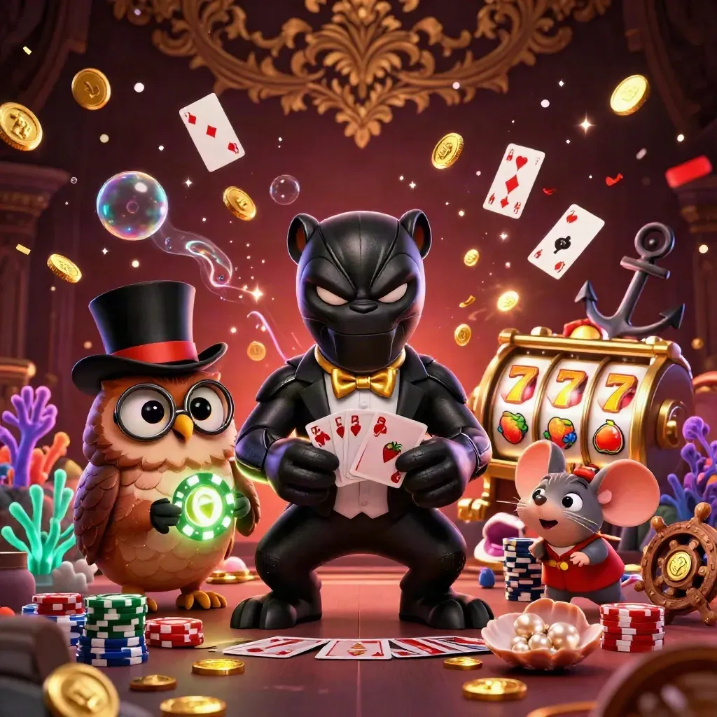Panther tuxedo, burung hantu, dan tikus bermain kartu di harta karun bawah laut.