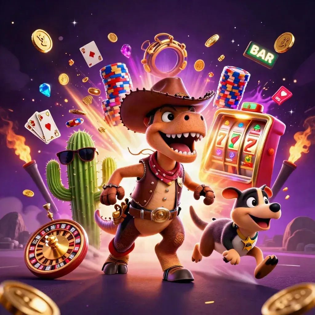 T-Rex koboi 3D, kaktus, dan roadrunner dikelilingi koin, kartu, roulette, serta percikan emas.