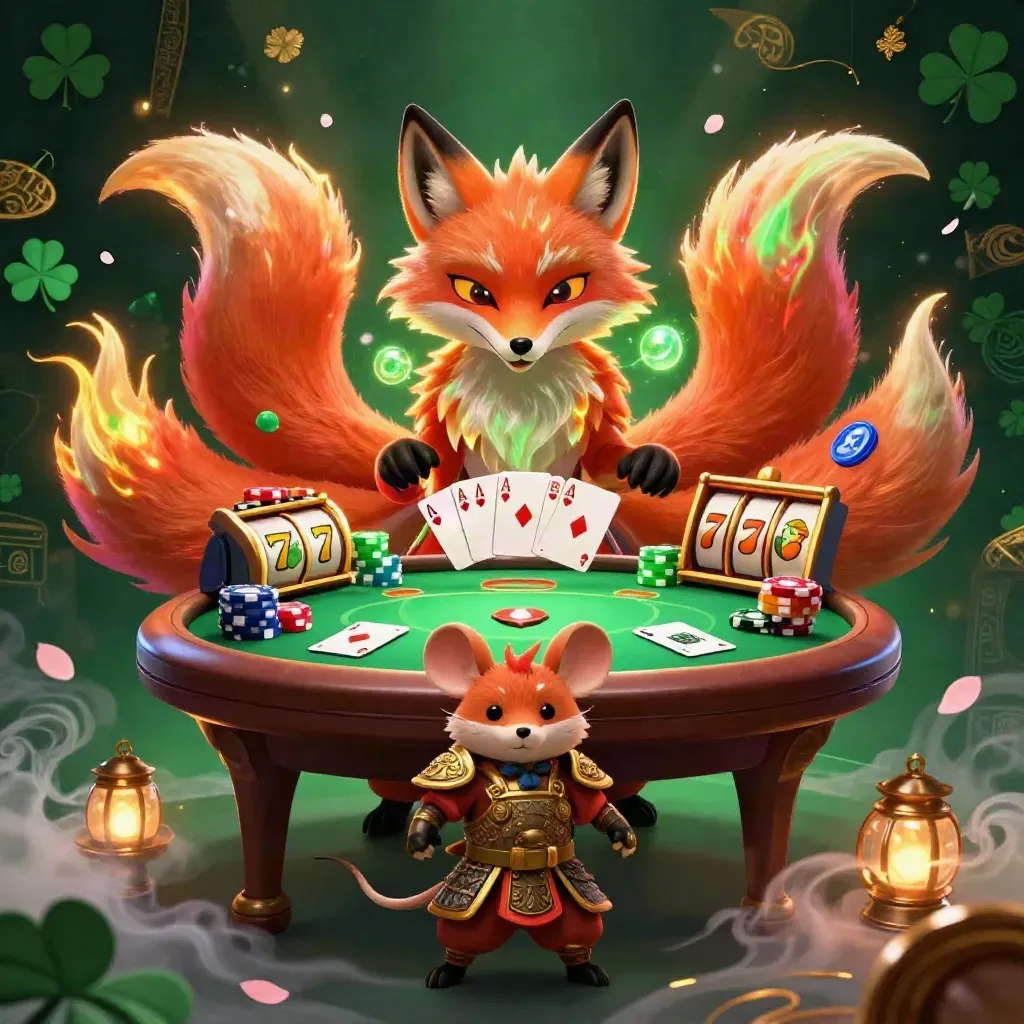 Rubah ekor sembilan neon dengan tikus samurai emas, meja poker, chip, dan slot reels di latar hijau gelap.