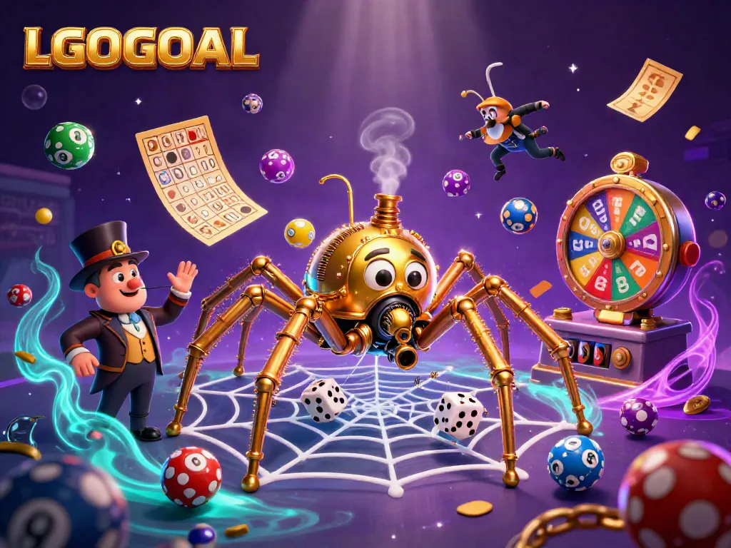 Experience thrilling gameplay with LGOGOAL featuring a golden steampunk spider and dynamic lottery elements in an immersive scene.