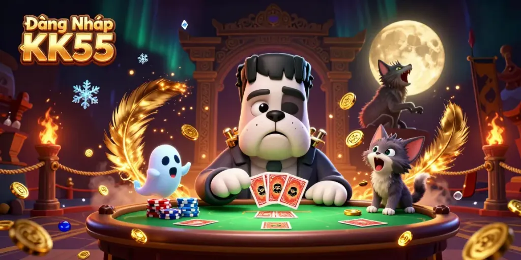 Experience gaming excitement as you log in to Đăng Nhập KK55, with the cartoon bulldog dealing cards at a vibrant casino table.