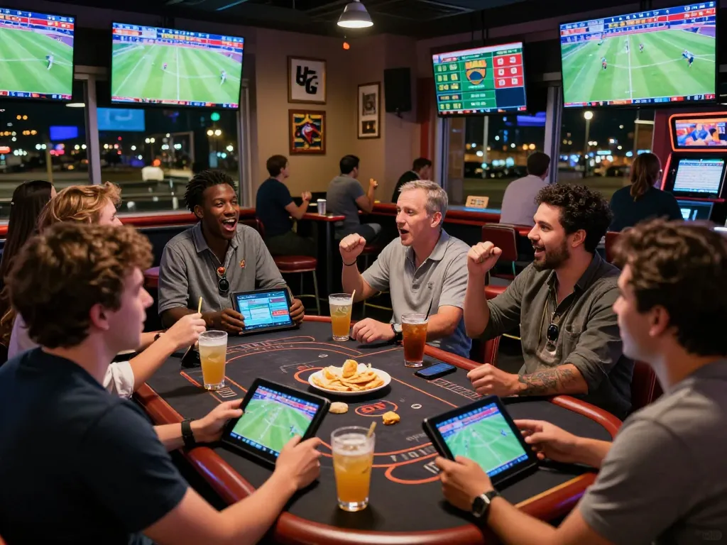 NET88 friends enjoying a lively sportsbook atmosphere during a major sports event with drinks and snacks.