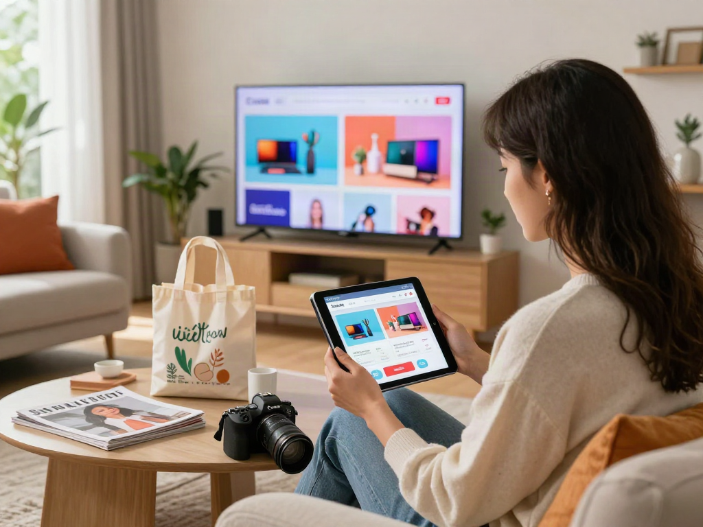 Customer engaging with e-commerce platform bro138 in modern living room.