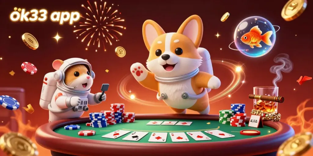 Engage with the vibrant ok33 app illustration showcasing a cartoon corgi astronaut in a dynamic space casino.