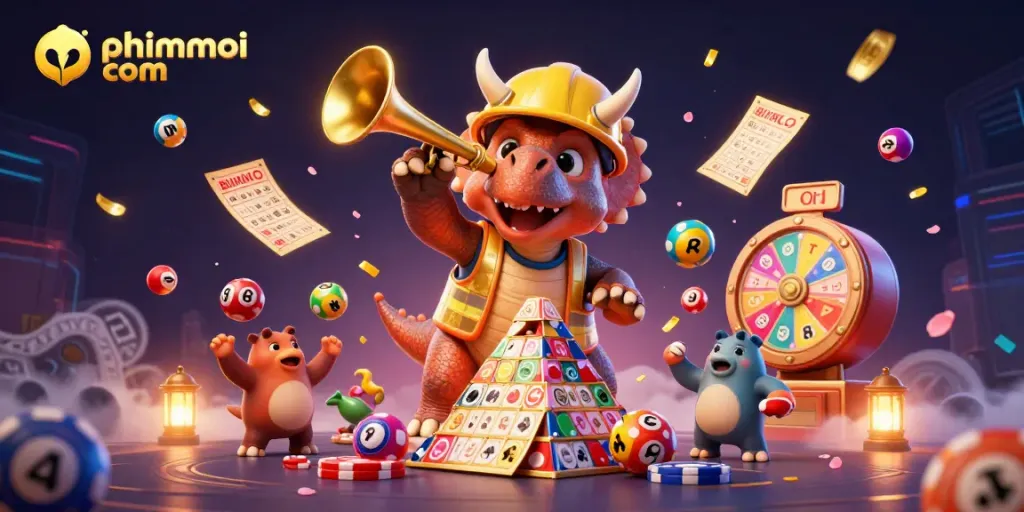 Cheerfully depicting a 3D cartoon triceratops and friends celebrating at phimmoi com with poker chips and bingo elements.