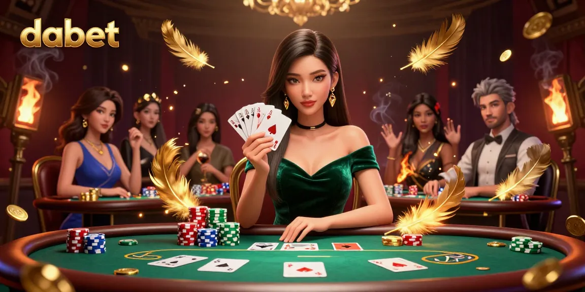 dabet showcases a beautiful Asian woman playing poker, surrounded by vibrant casino elements and rich atmosphere.