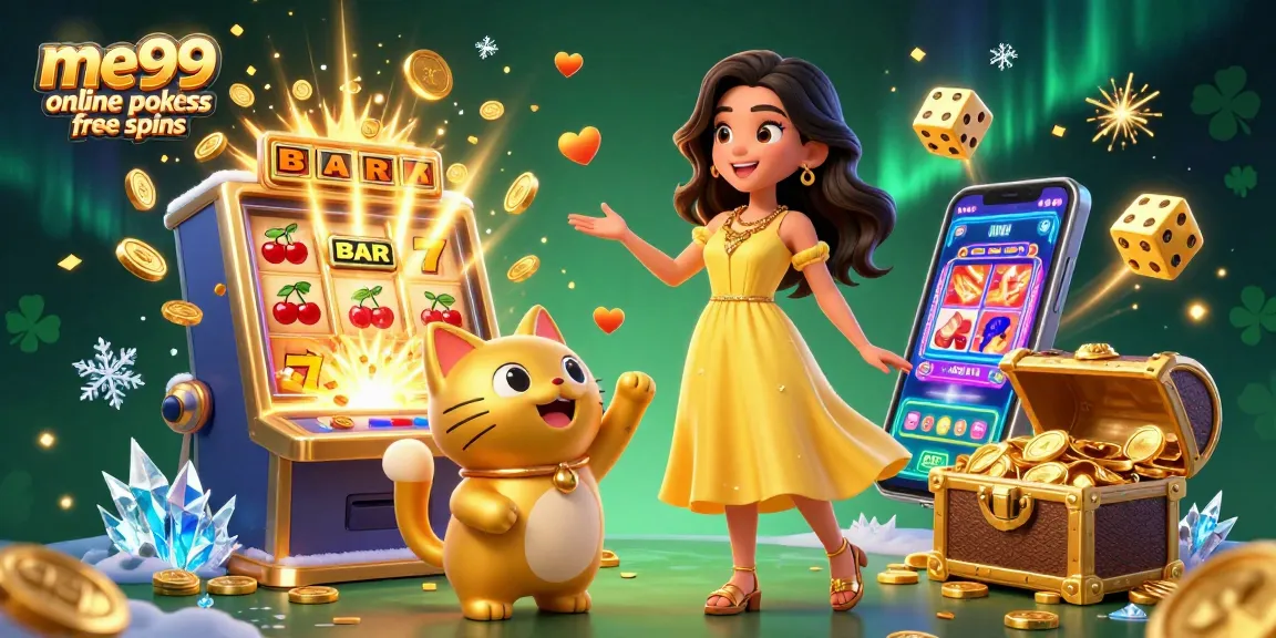Spin to win incredible prizes with me99 online pokies free spins in this vibrant casino illustration.