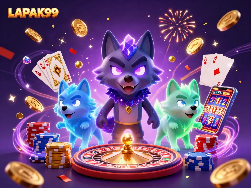 Experience thrilling wins with LAPAK99's vibrant 3D illustration showcasing slot games and casino excitement.