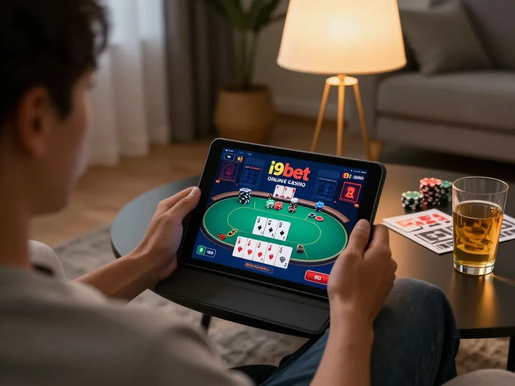 An engaging gamer explores i9bet poker strategies while relaxing at home