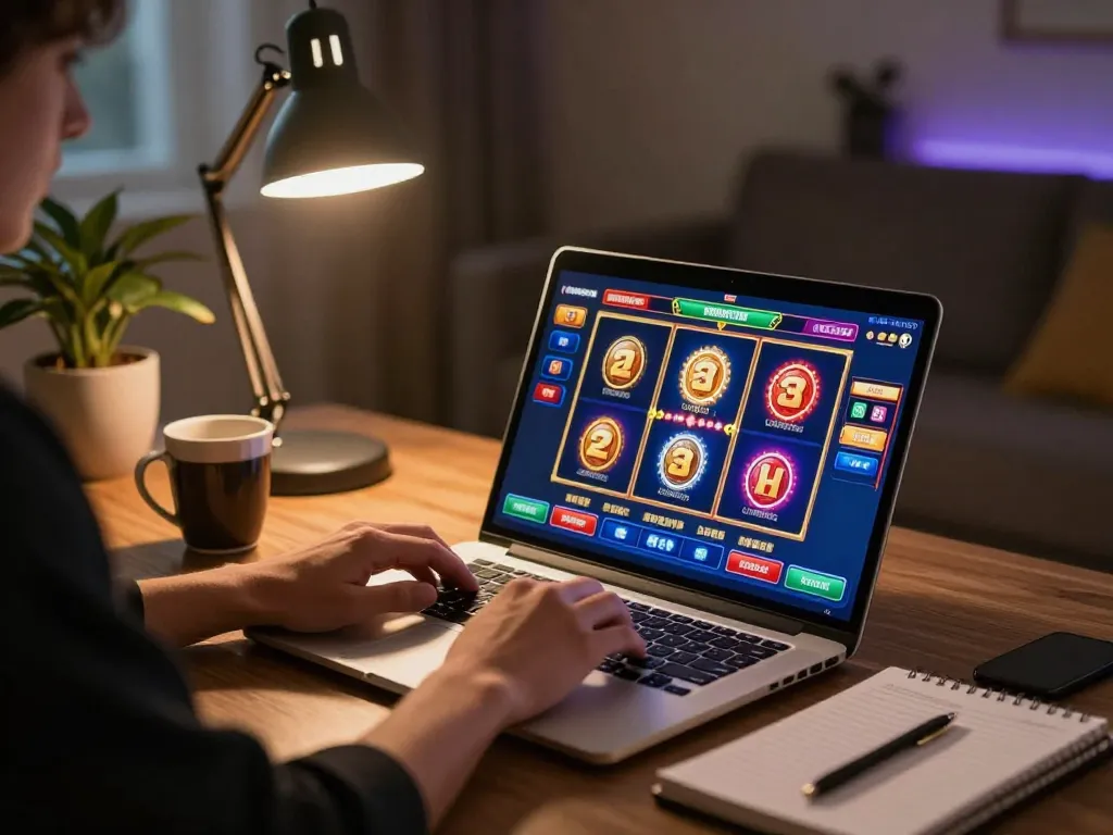 IDNSCORE slot games displayed on a laptop during a cozy home gaming session.